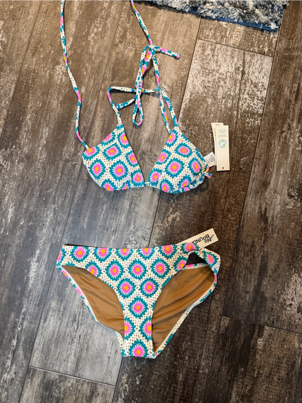 No Boundaries Teal Floral Geometric Bikini Set with Pink and Yellow Accents